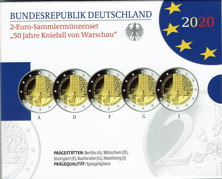 (afbeelding voor) 2 Euromunt Duitsland 5 x 2020 knieval van Warschau A-D-F-G-J PP